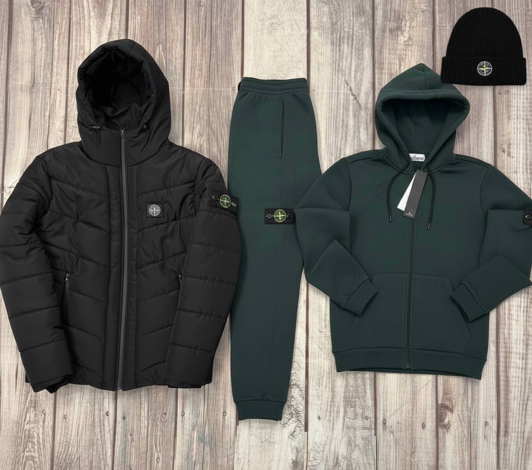 STONE™ Essential Winter Set – Puffer Jacket, Hoodie & Joggers, Beanie