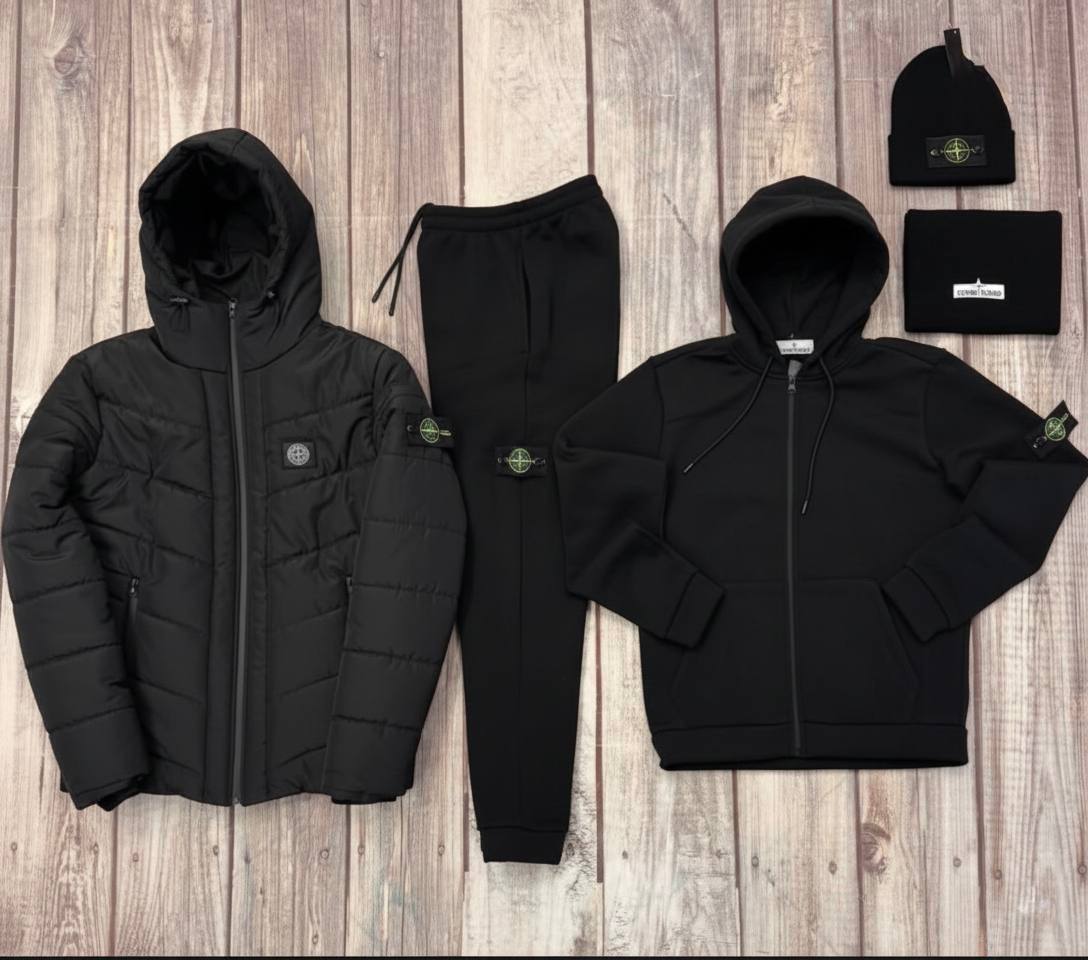 STONE™ Essential Winter Set – Puffer Jacket, Hoodie & Joggers, Beanie
